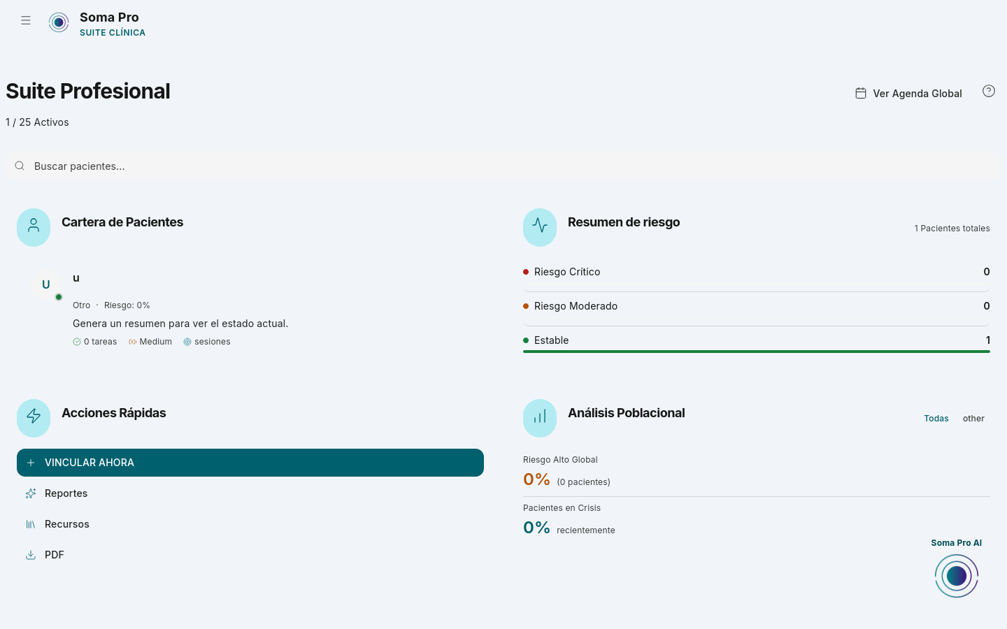 Portal profesional de SOMA: cartera de pacientes y resumen de riesgo