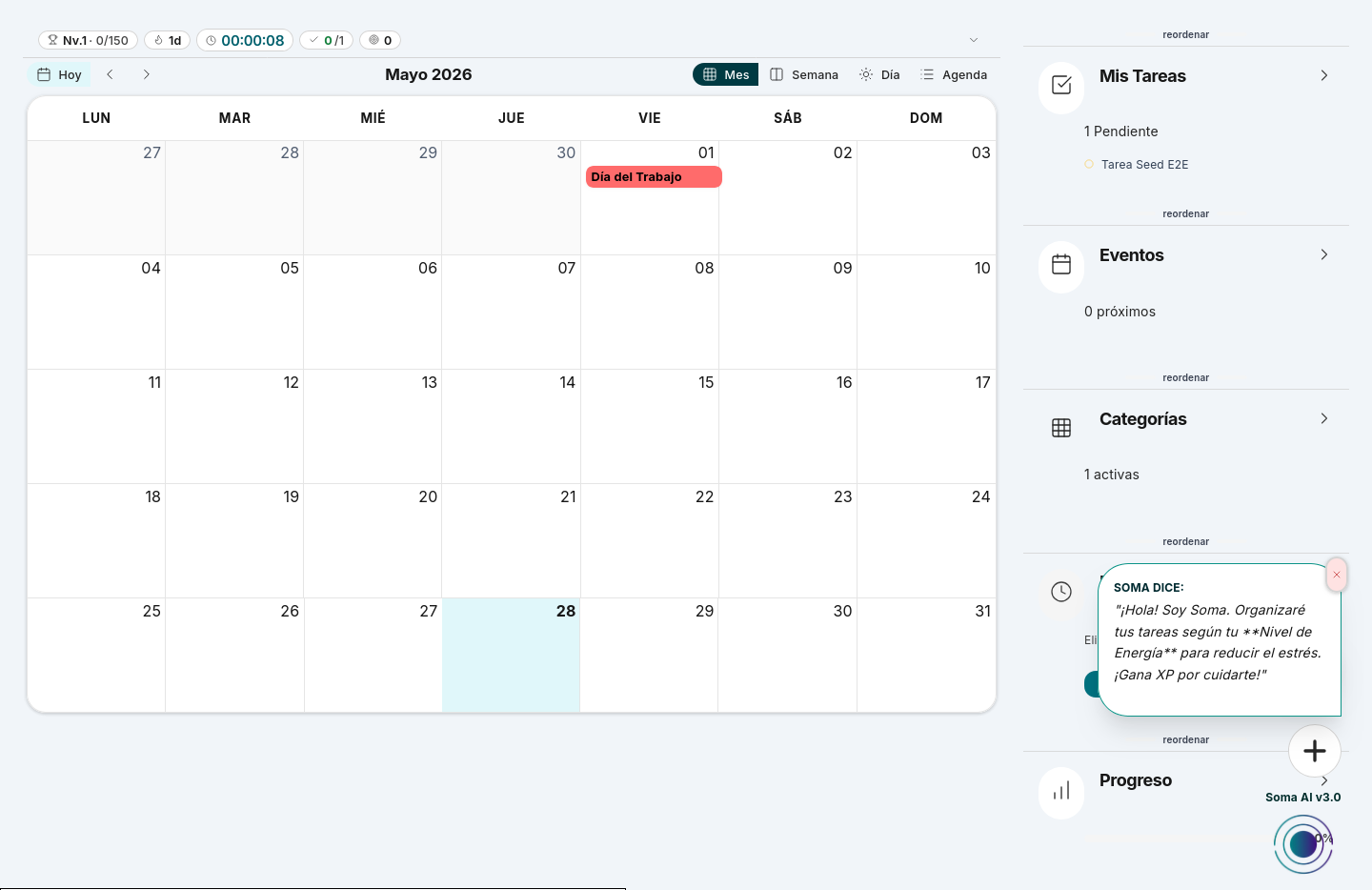 Panel del usuario en SOMA: calendario del mes con tareas, eventos y el asistente Soma